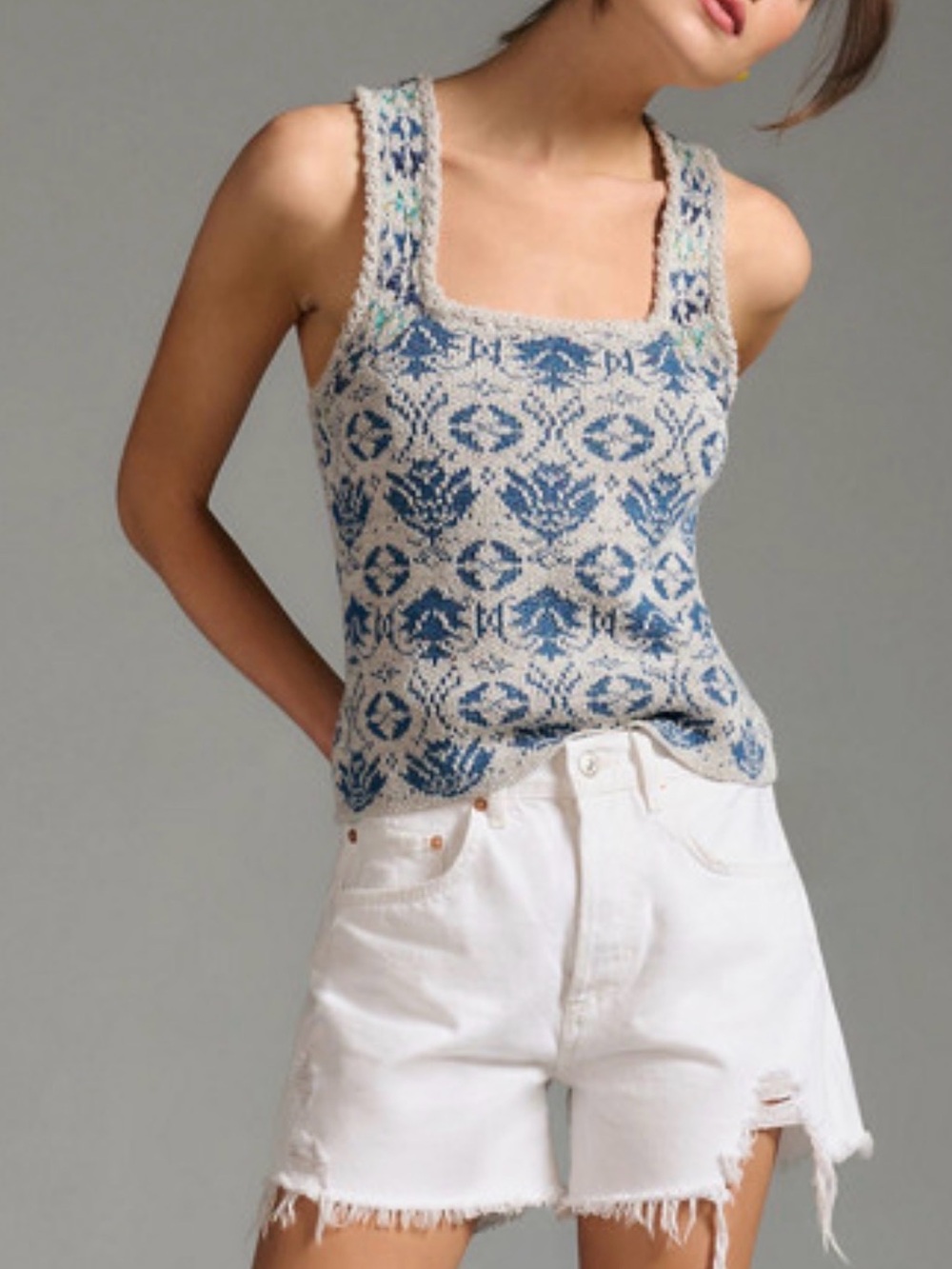 Anthropologie Blue & Cream Patterned Knit Tank